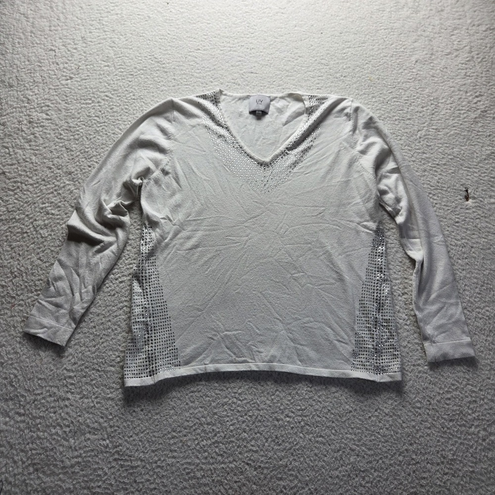 LIV MILANO Sweater Womens Large White V Neck Long Sleeve Rhinestone Knit Top